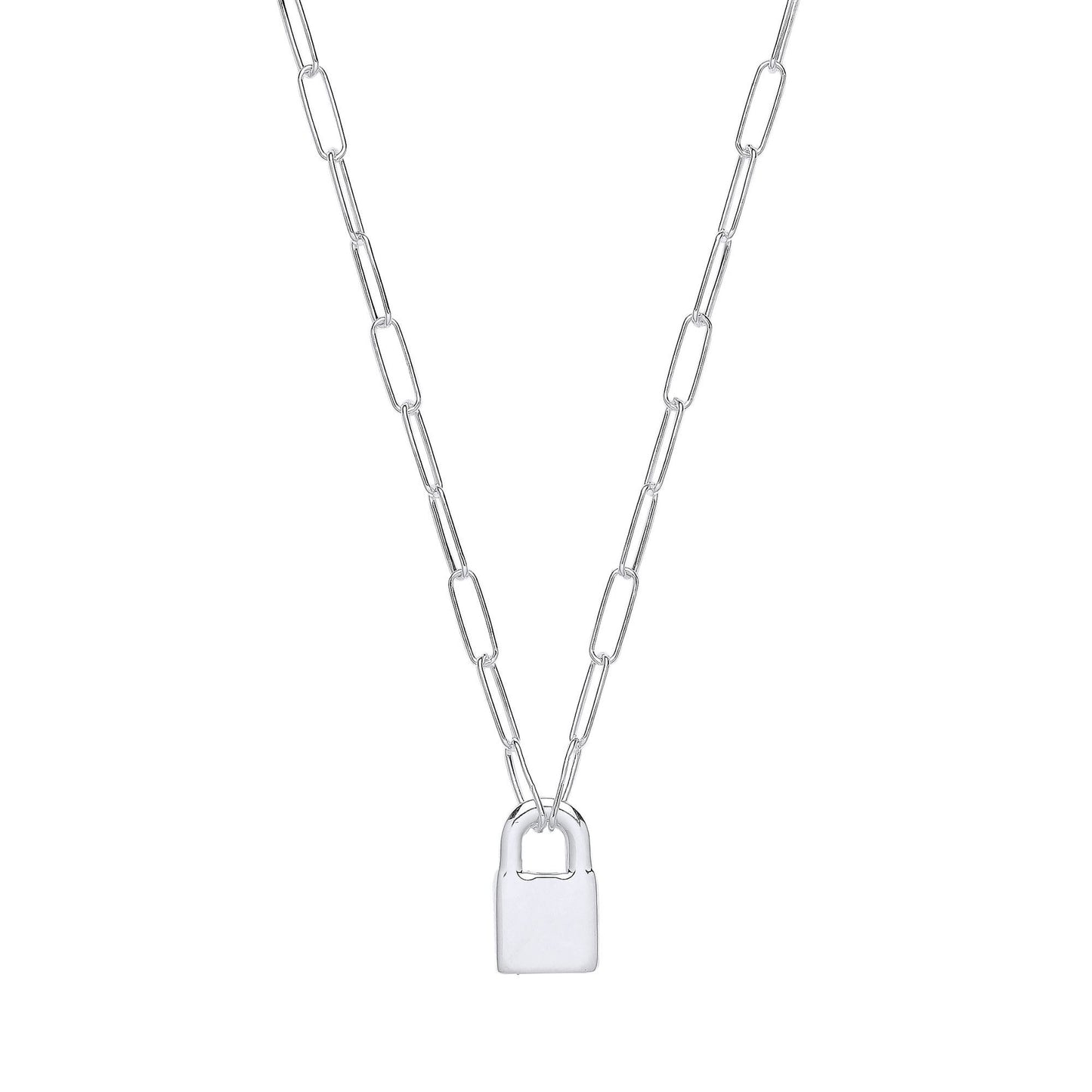 Silver  Paperclip Chain Padlock Pendant Necklace 3mm 16 + 2 inch - GVK423