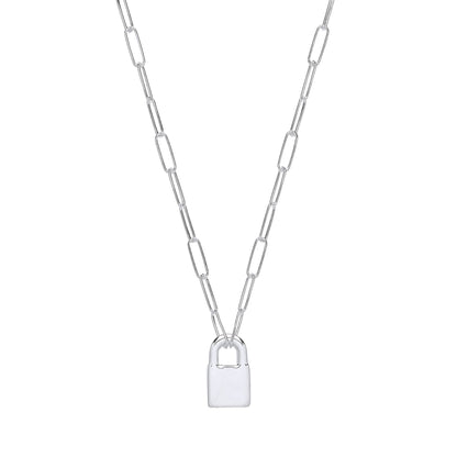 Silver  Paperclip Chain Padlock Pendant Necklace 3mm 16 + 2 inch - GVK423