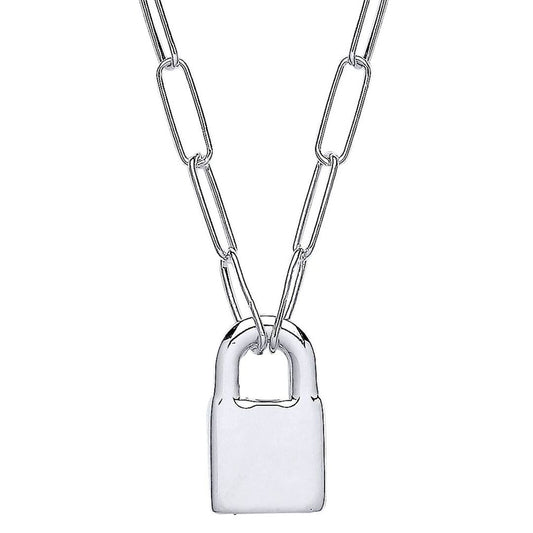 Silver Paperclip Chain Padlock Pendant Necklace 3mm 16 + 2 inch - GVK423