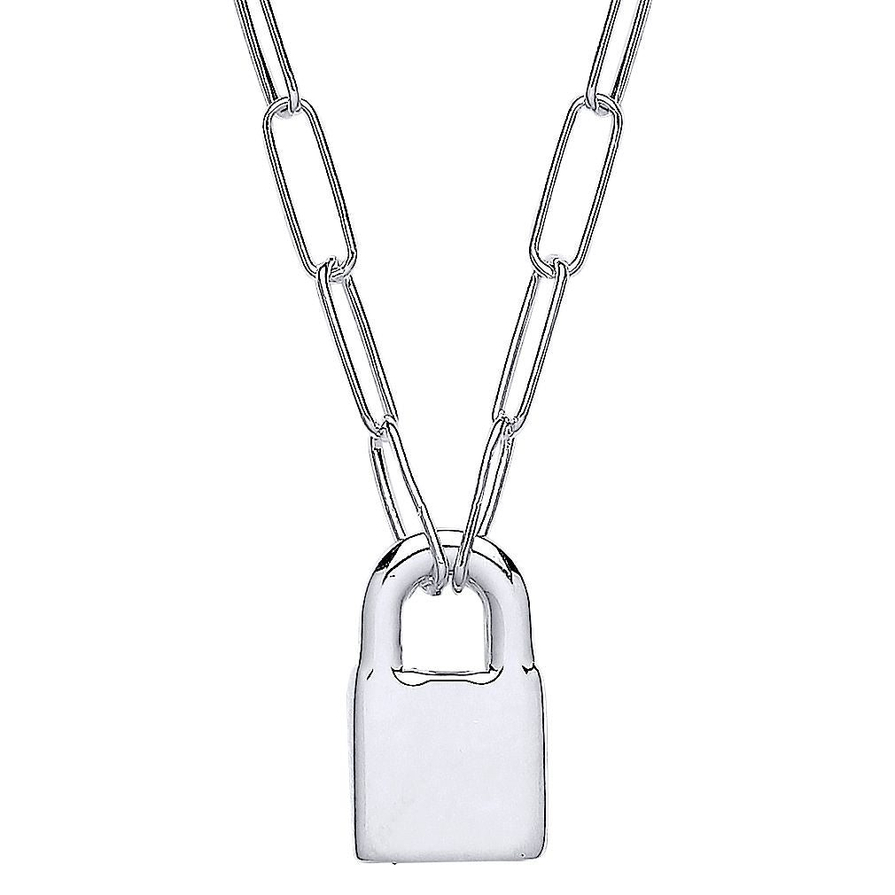 Silver  Paperclip Chain Padlock Pendant Necklace 3mm 16 + 2 inch - GVK423