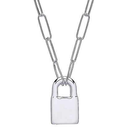 Silver  Paperclip Chain Padlock Pendant Necklace - GVK423