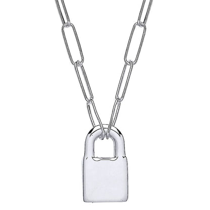Silver  Paperclip Chain Padlock Pendant Necklace 3mm 16 + 2 inch - GVK423