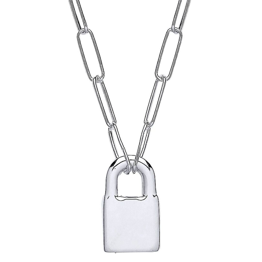 Silver  Paperclip Chain Padlock Pendant Necklace 3mm 16 + 2 inch - GVK423