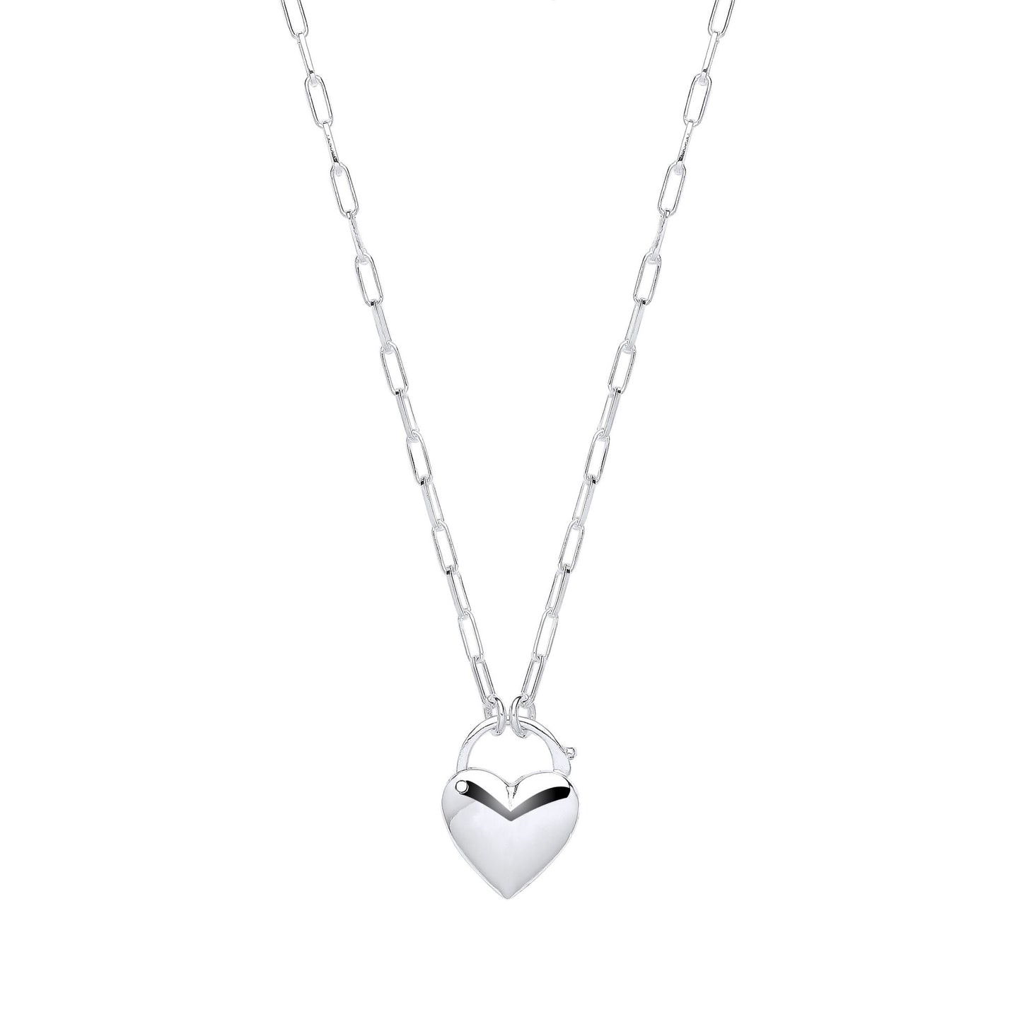 Silver  Paperclip Link Heart Padlock Pendant Necklace 2mm 16 + 2" - GVK425