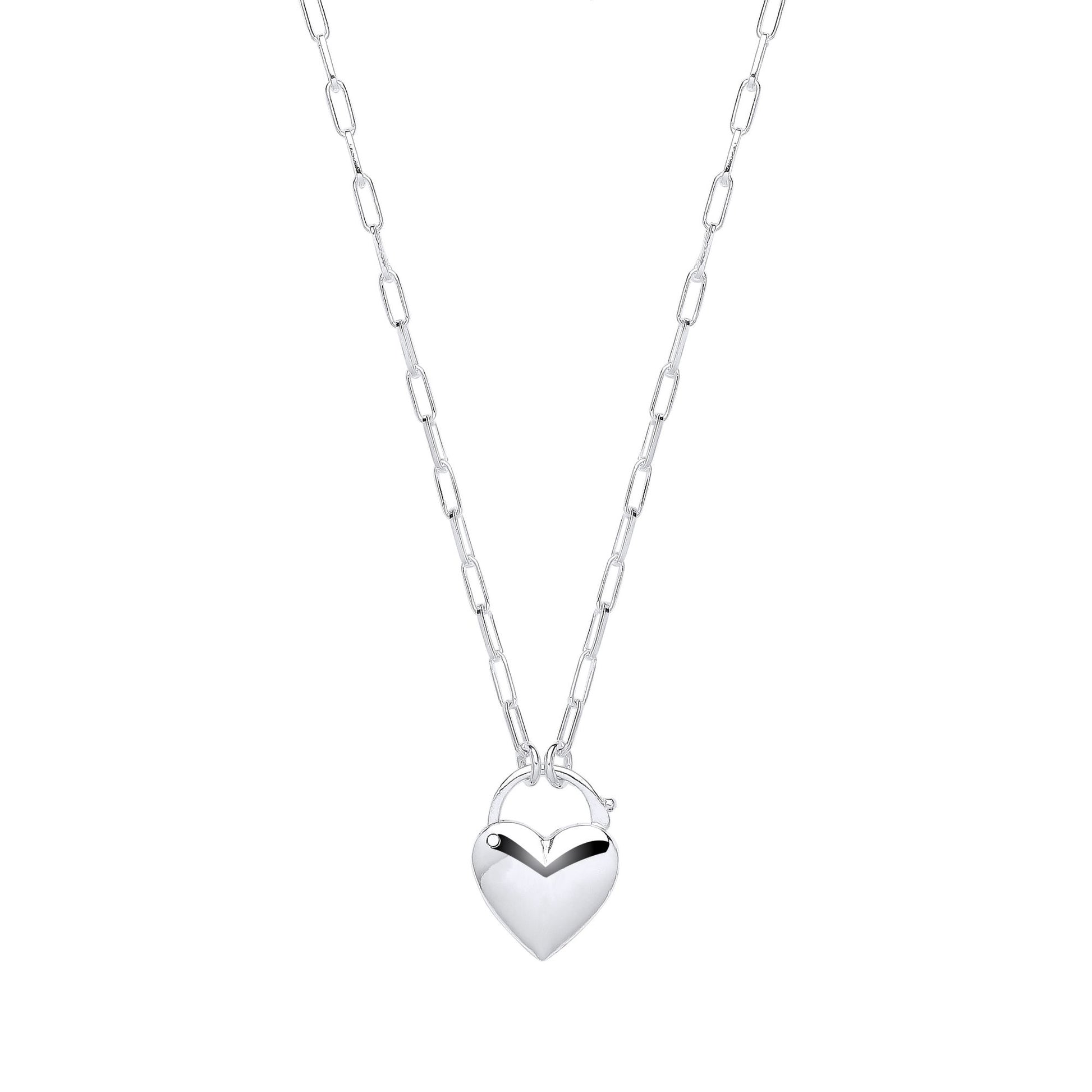 Silver  Paperclip Link Heart Padlock Pendant Necklace 2mm 16 + 2" - GVK425