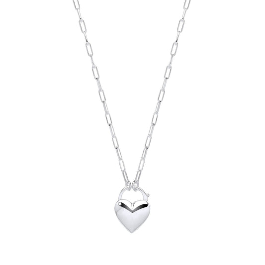 Silver  Paperclip Link Heart Padlock Pendant Necklace 2mm 16 + 2" - GVK425
