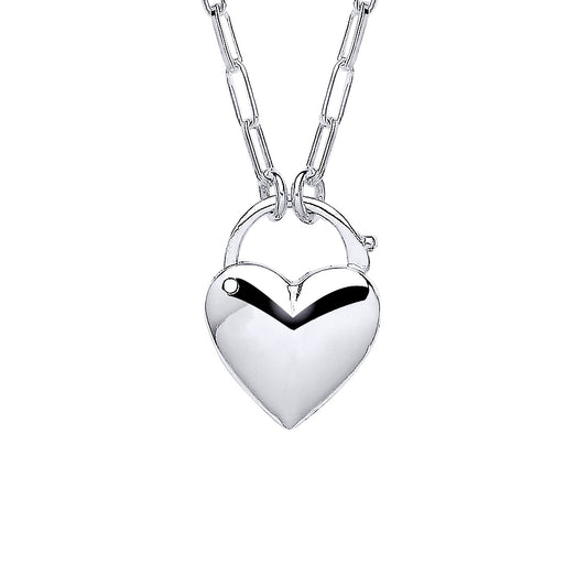 Silver  Paperclip Link Love Heart Padlock Pendant Necklace - GVK425
