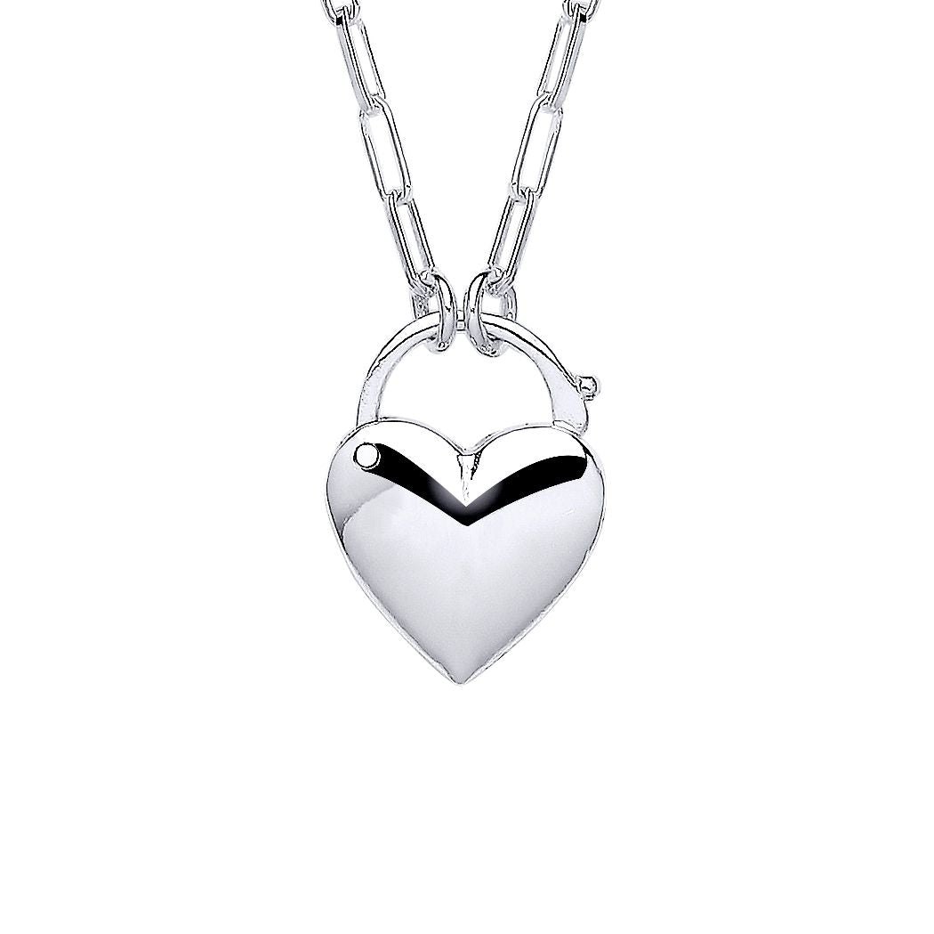 Silver  Paperclip Link Heart Padlock Pendant Necklace 2mm 16 + 2" - GVK425