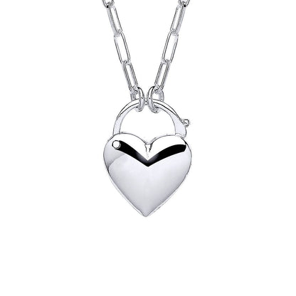 Silver  Paperclip Link Heart Padlock Pendant Necklace 2mm 16 + 2" - GVK425