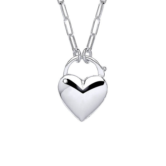 Silver  Paperclip Link Heart Padlock Pendant Necklace 2mm 16 + 2" - GVK425