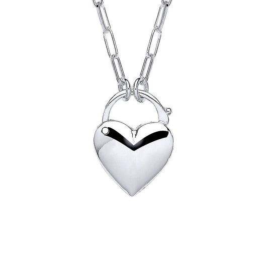 Silver Paperclip Link Heart Padlock Pendant Necklace 2mm 16 + 2" - GVK425