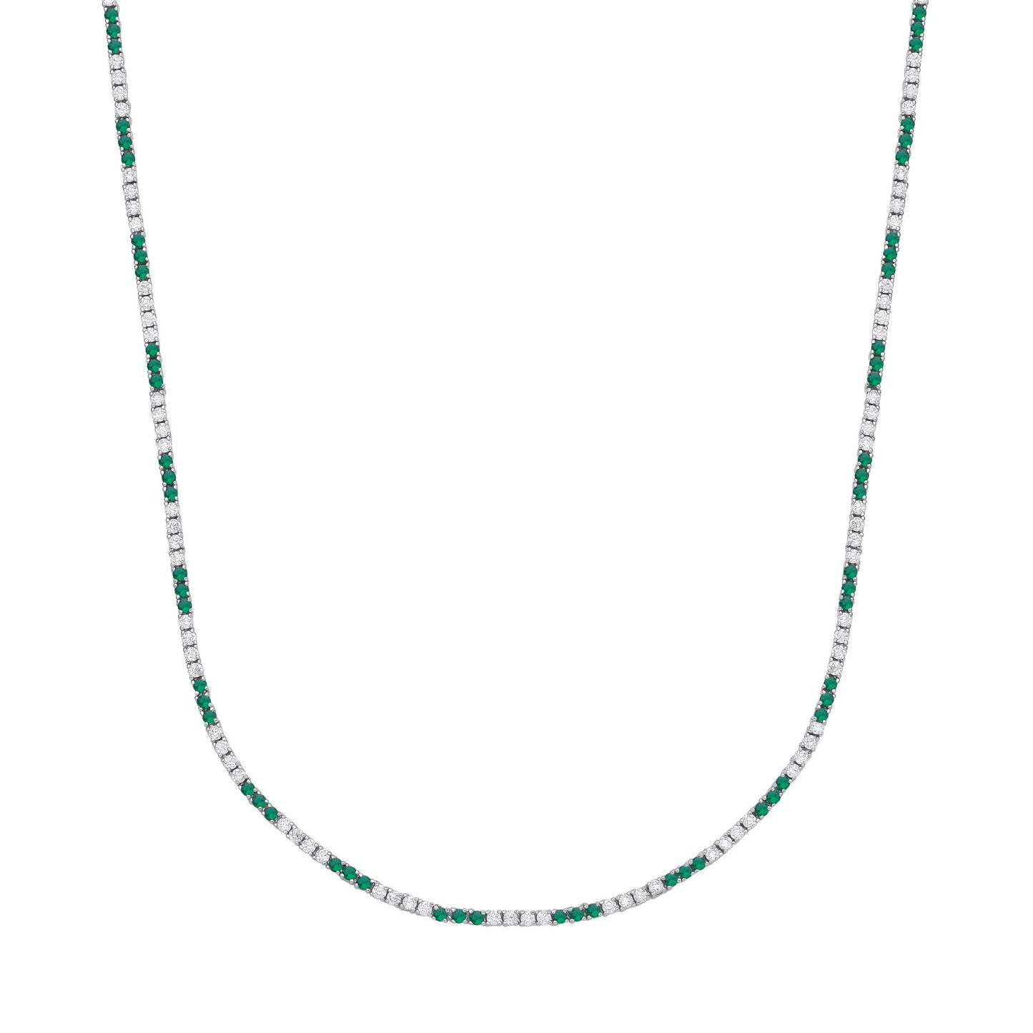 Silver  Green CZ Eternity Stripes Tennis Necklace 2mm 17.5" - GVK434EM