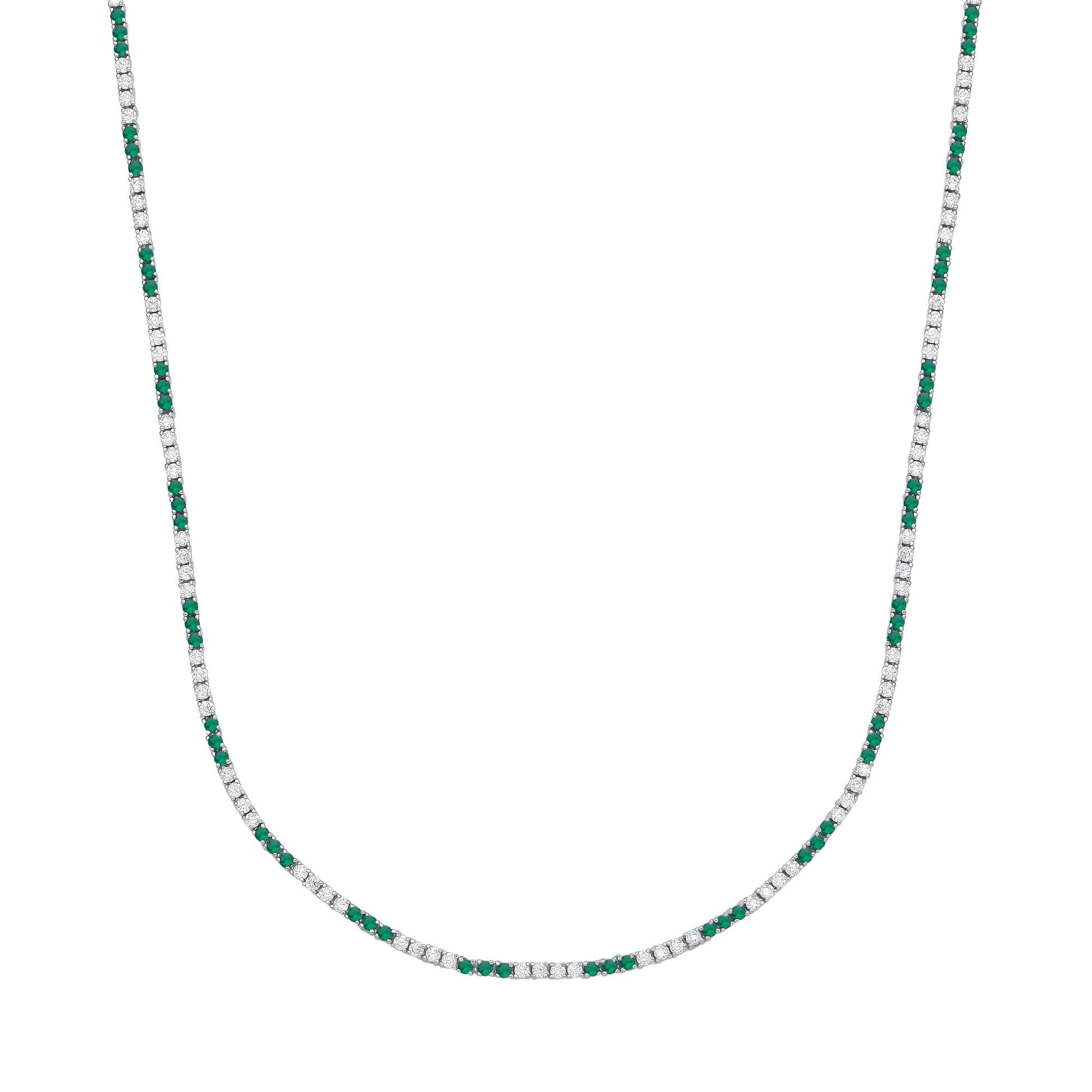 Silver  Green CZ Eternity Stripes Tennis Necklace 2mm 17.5" - GVK434EM
