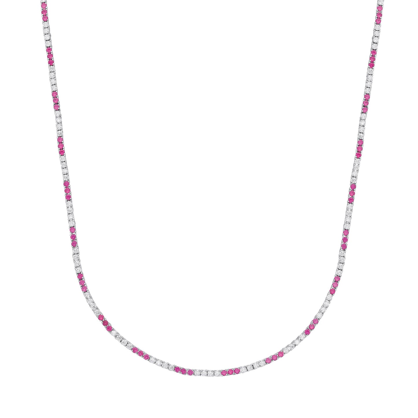 Silver  Red CZ Eternity Stripes Tennis Necklace 2mm 17.5" - GVK434RU