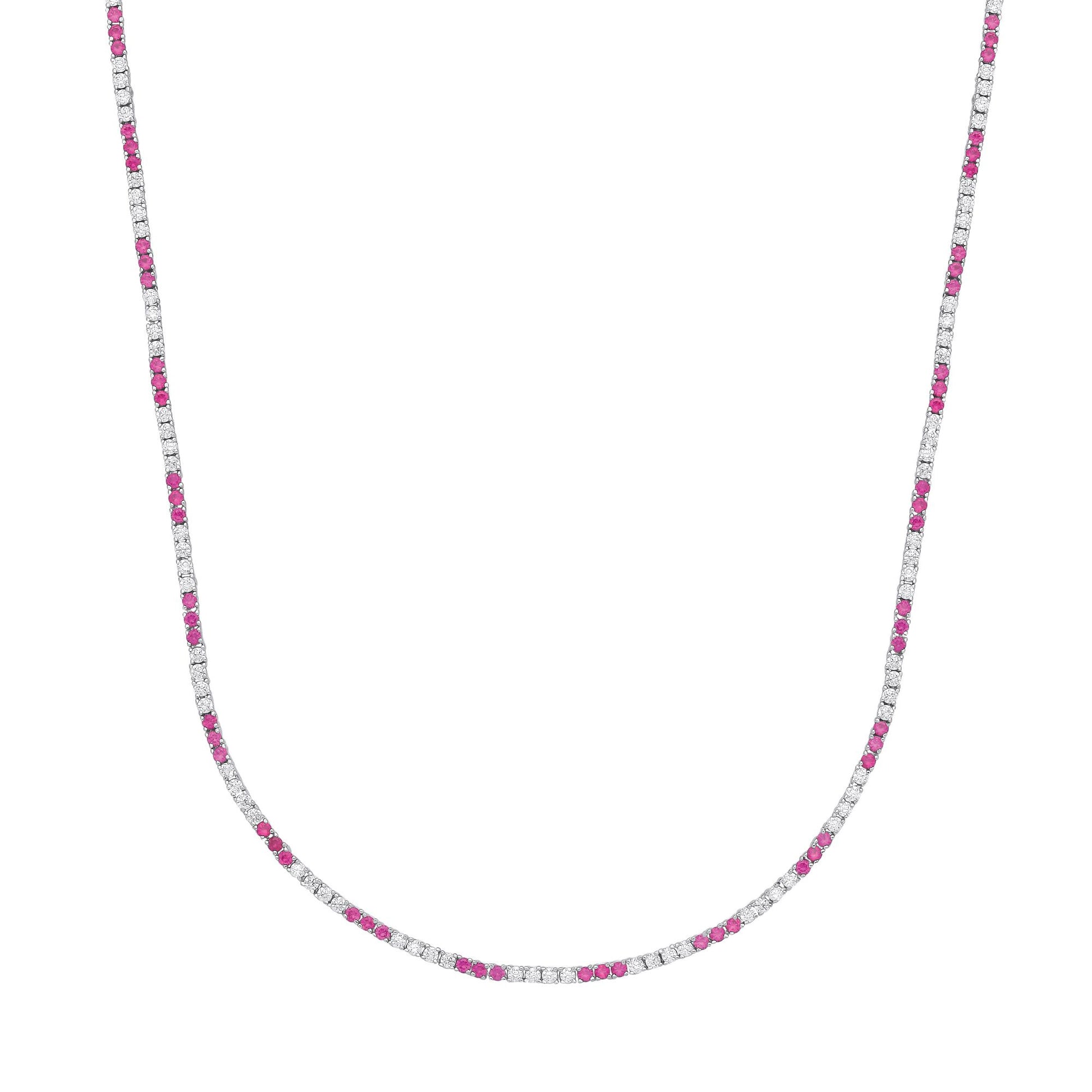Silver  Red CZ Eternity Stripes Tennis Necklace 2mm 17.5" - GVK434RU