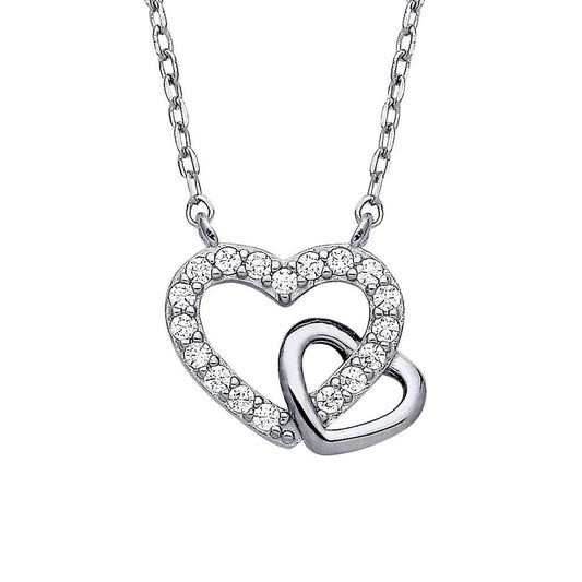 Silver CZ Lil n Large Double Love Heart Lavalier Necklace 16 + 2" - GVK441