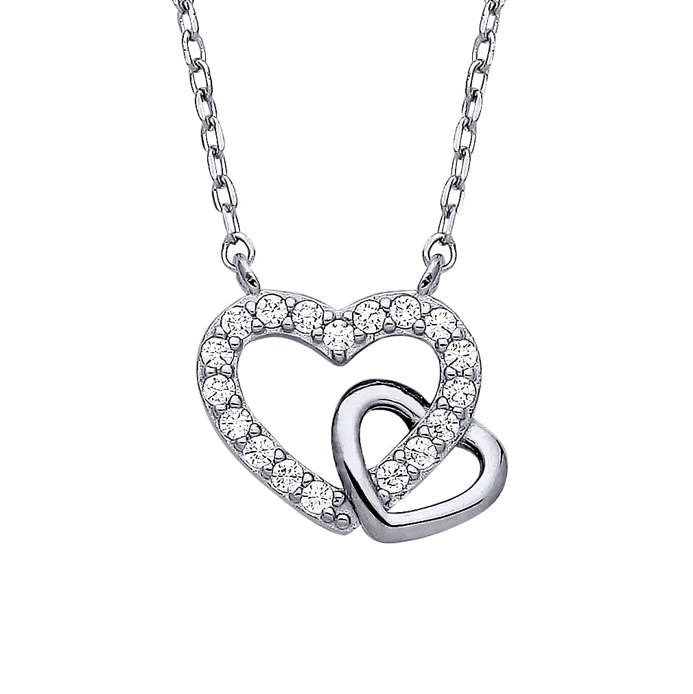 Silver  CZ Lil n Large Double Love Heart Lavalier Necklace 16 + 2" - GVK441