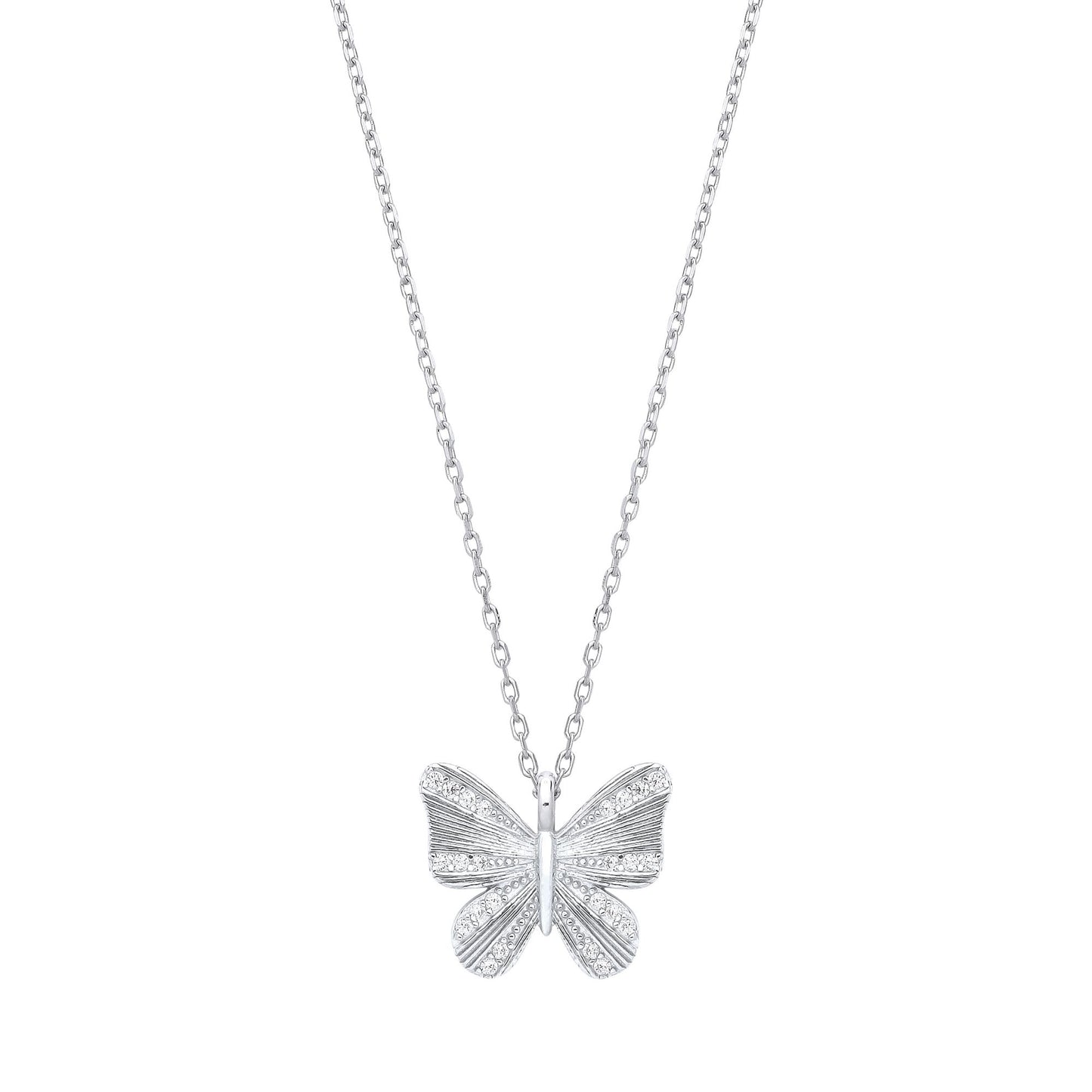 925 Silver  CZ Graceful Butterfly Pendant Necklace 16 + 2 inch - GVK442