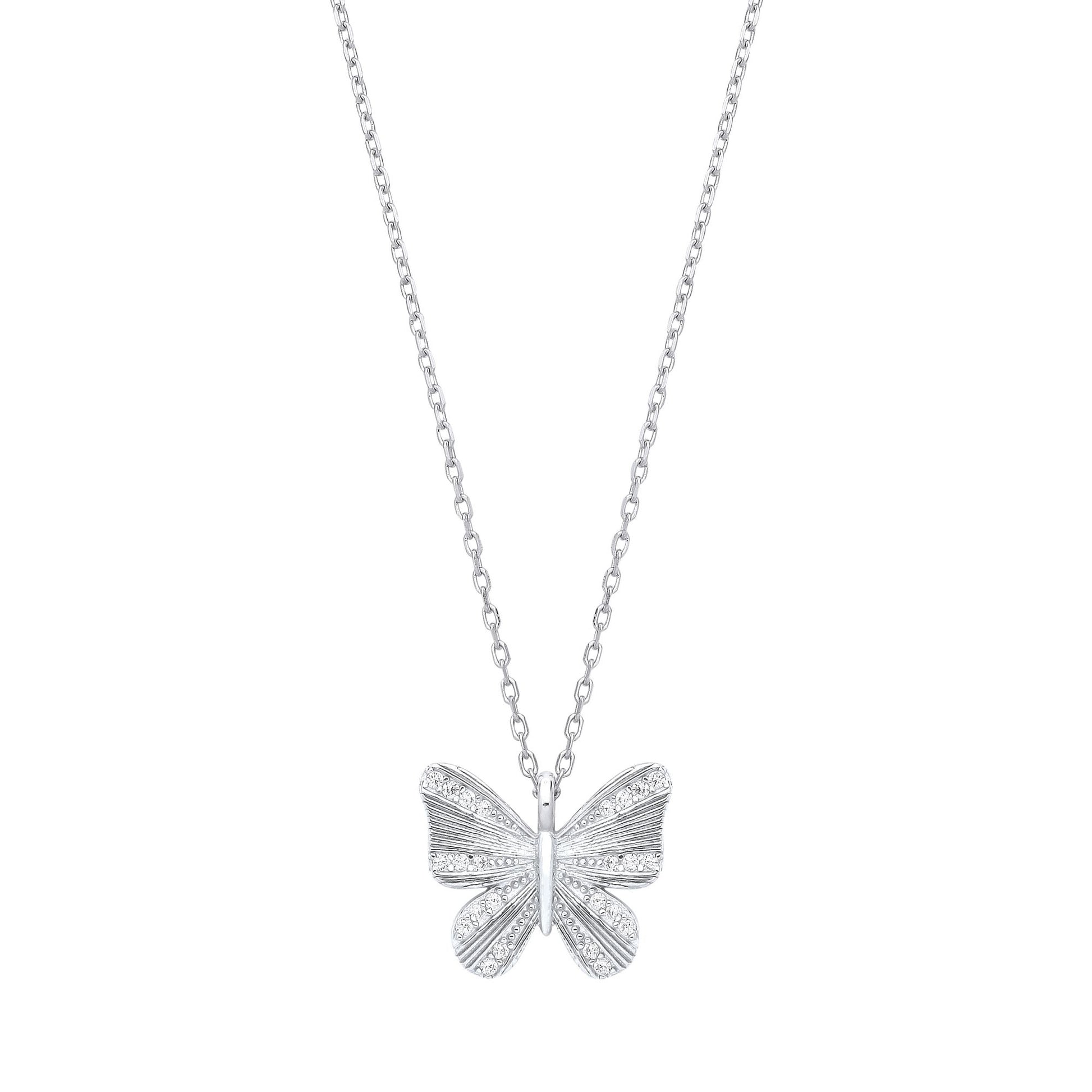 925 Silver  CZ Graceful Butterfly Pendant Necklace 16 + 2 inch - GVK442