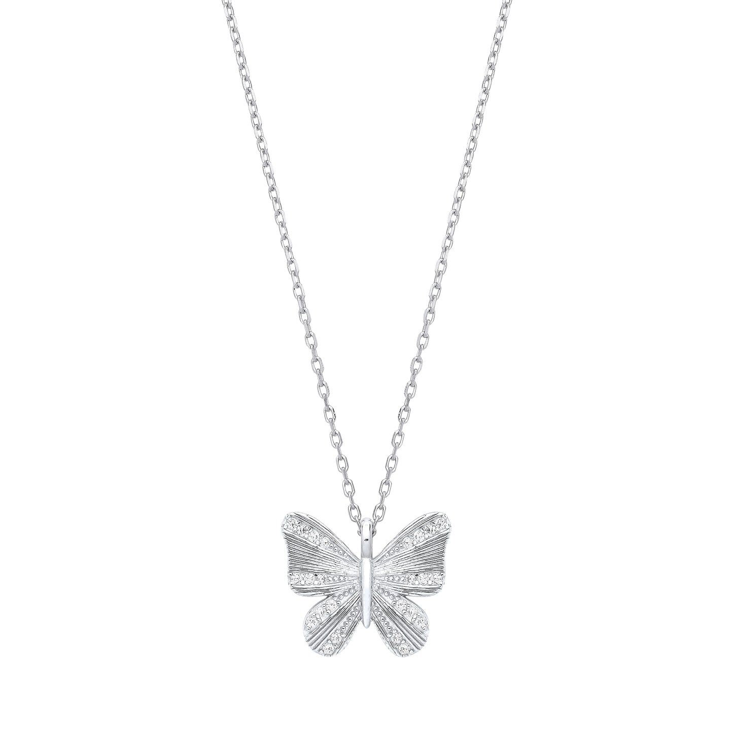 925 Silver  CZ Graceful Butterfly Pendant Necklace 16 + 2 inch - GVK442