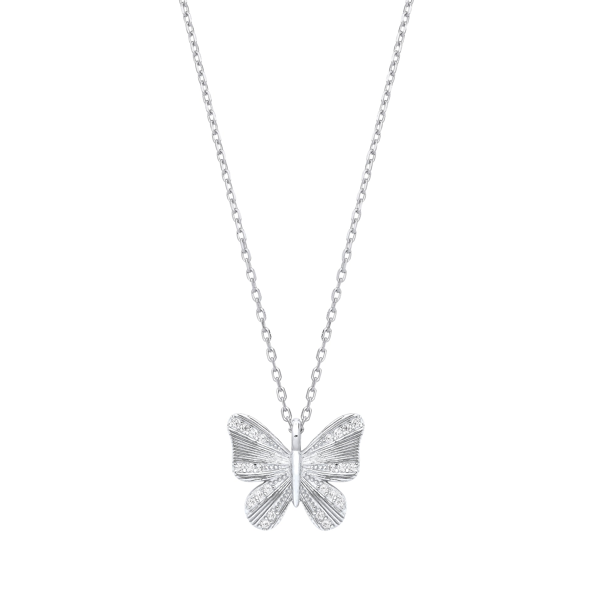 925 Silver  CZ Graceful Butterfly Pendant Necklace 16 + 2 inch - GVK442