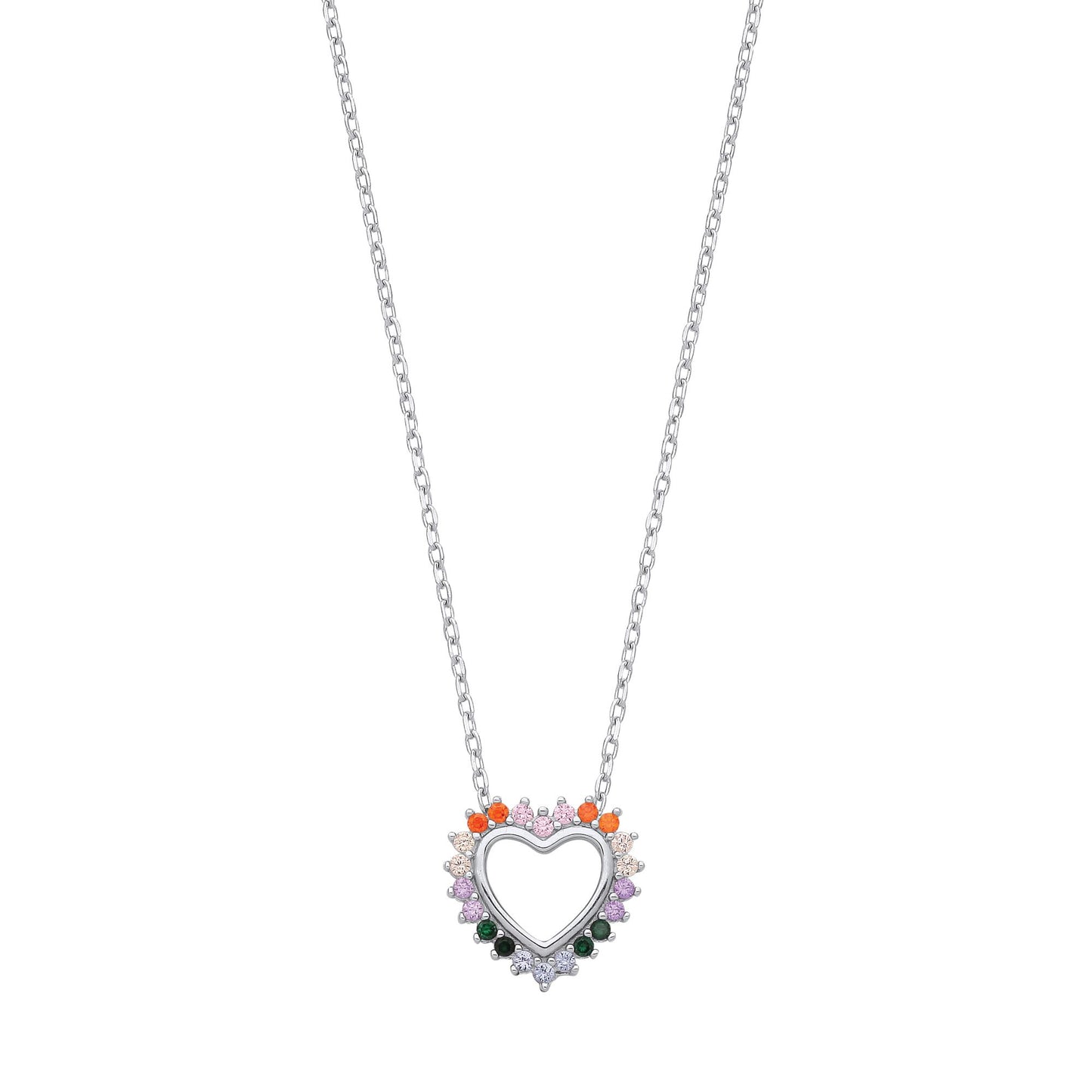 Silver  Rainbow CZ Fiery Spiky Heart Lavalier Necklace 16 + 2" - GVK443