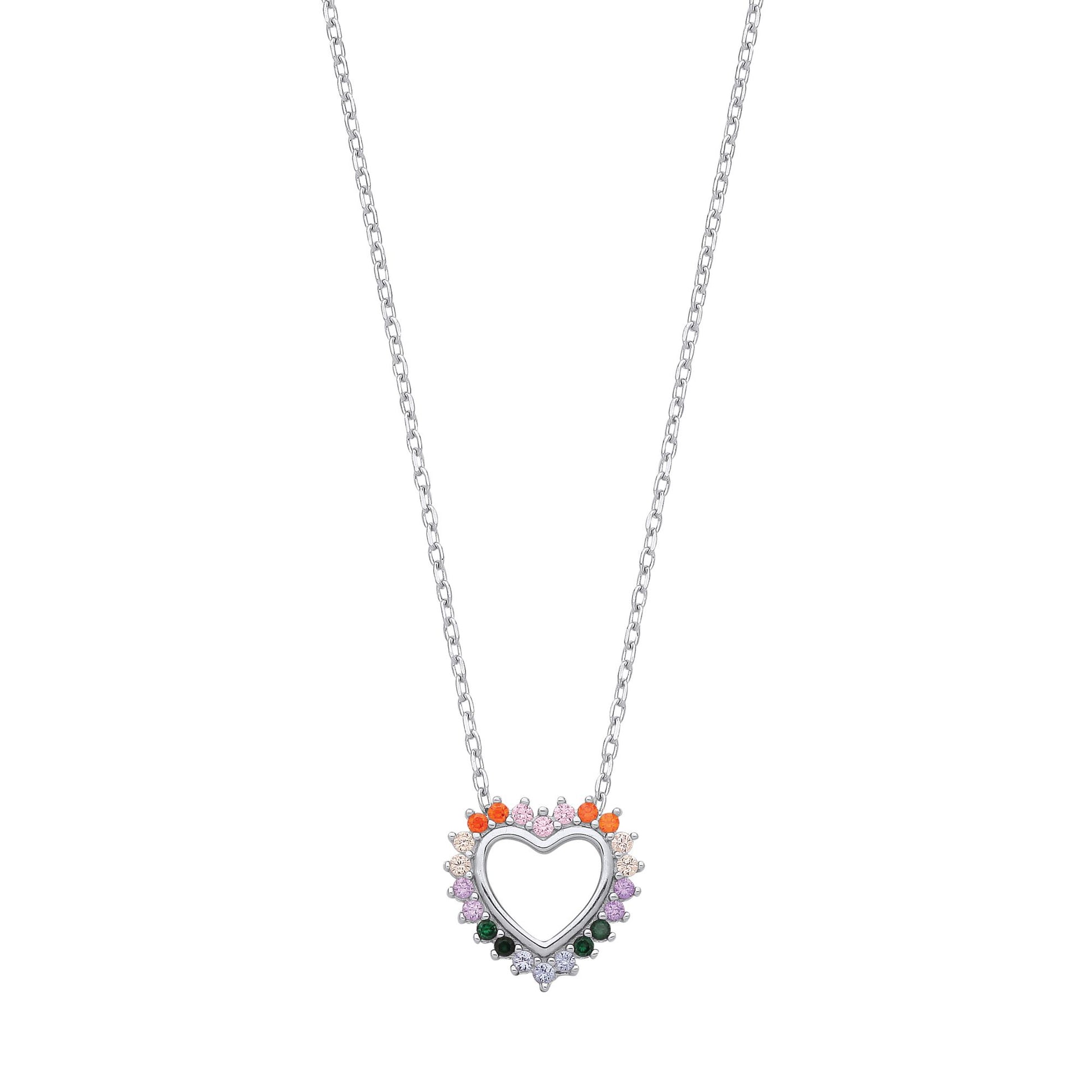 Silver  Rainbow CZ Fiery Spiky Heart Lavalier Necklace 16 + 2" - GVK443
