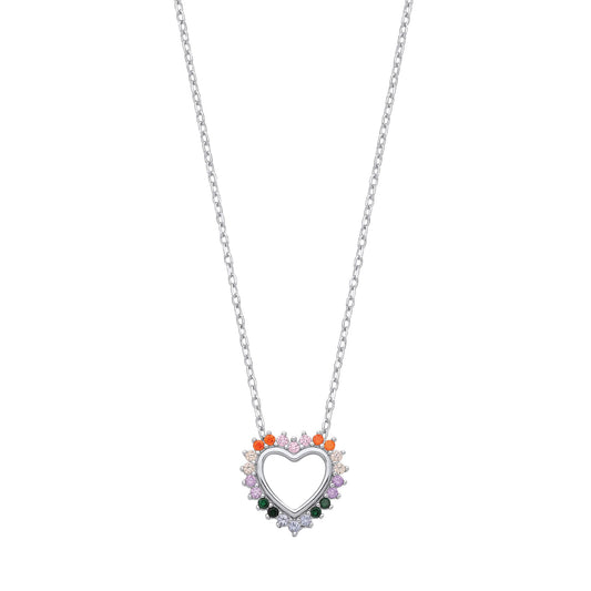 Silver  Rainbow CZ Fiery Spiky Heart Lavalier Necklace 16 + 2" - GVK443