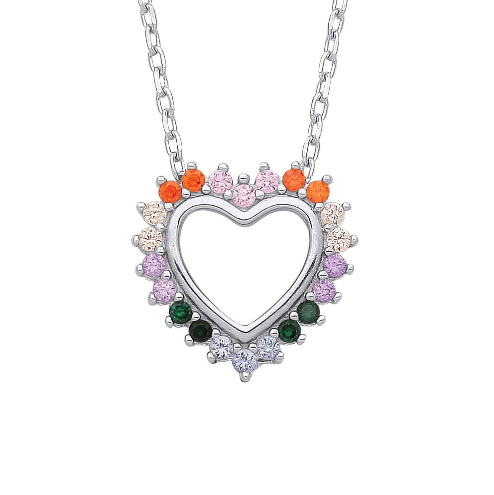 Silver  Rainbow CZ Fiery Spiky Heart Lavalier Necklace 16 + 2" - GVK443