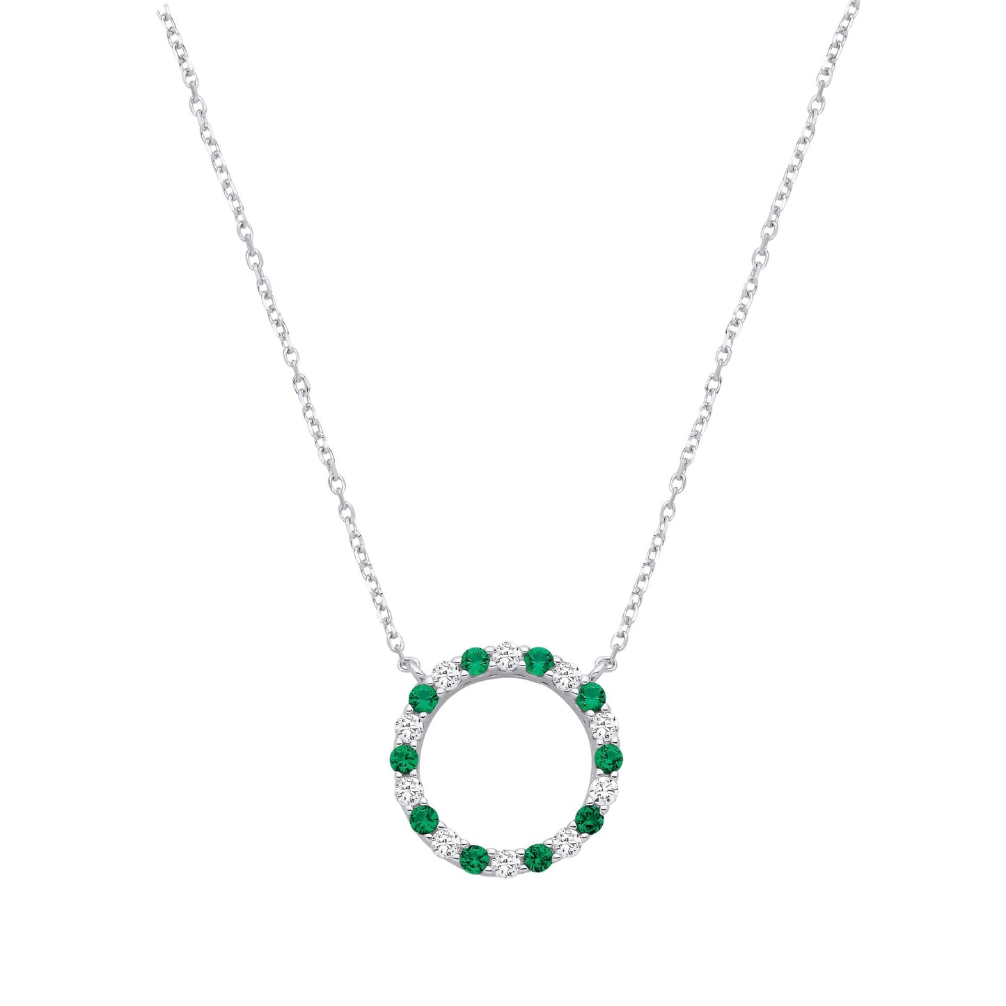 Silver  Green CZ Alternating Circle of Life Lavalier Necklace 18" - GVK444EM