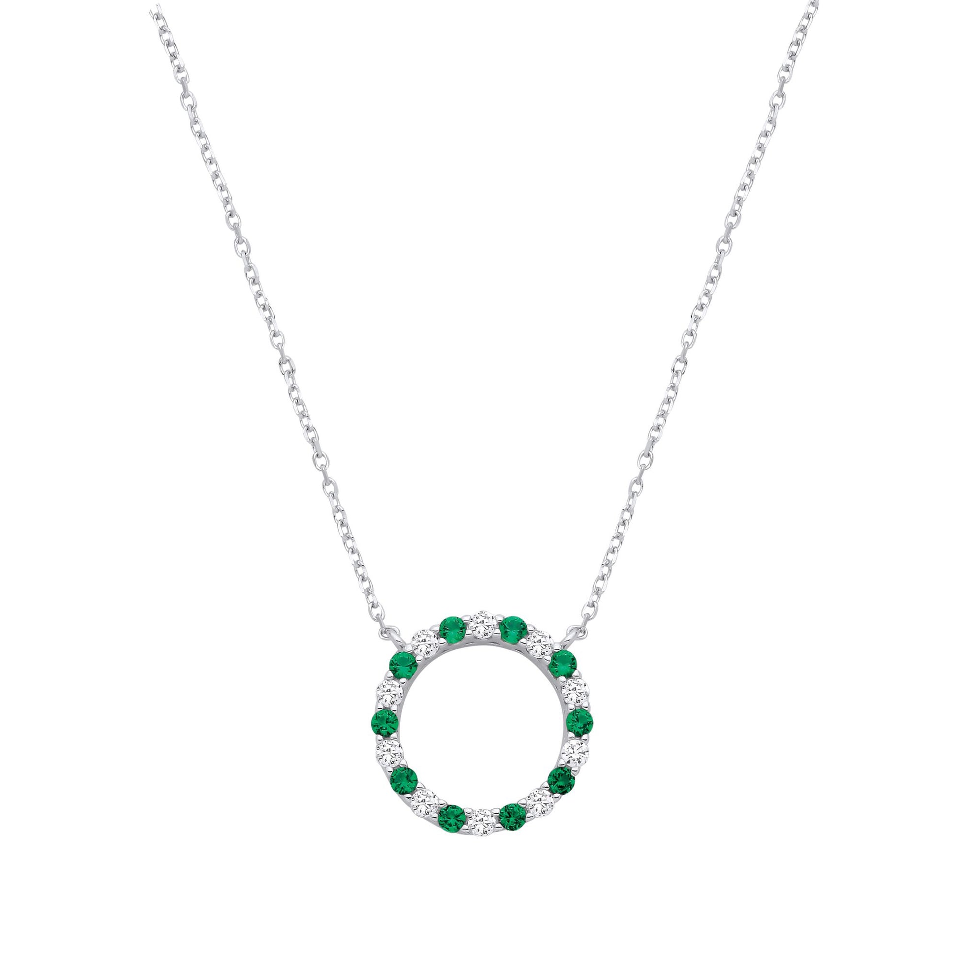 Silver  Green CZ Alternating Circle of Life Lavalier Necklace 18" - GVK444EM