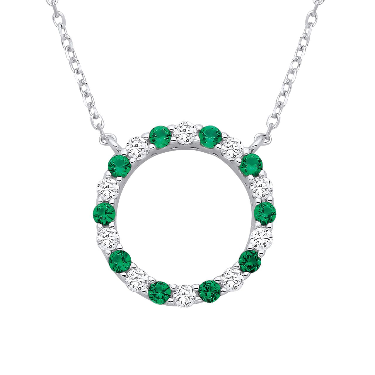 Silver  Green CZ Alternating Circle of Life Lavalier Necklace 18" - GVK444EM