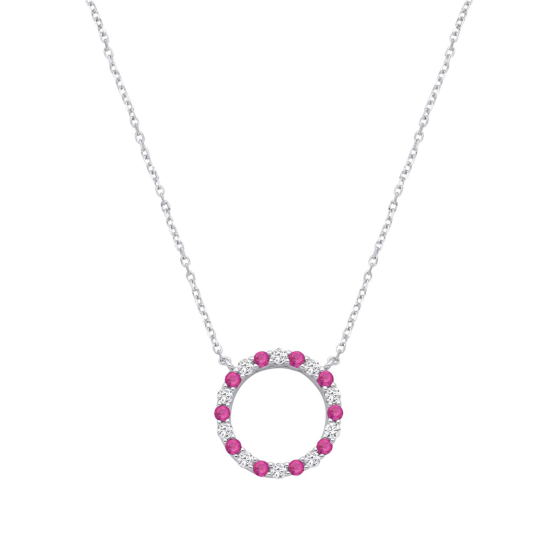 Silver  Red CZ Alternating Circle of Life Lavalier Necklace 18" - GVK444RU