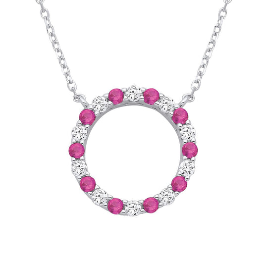 Silver  Red CZ Alternating Circle of Life Lavalier Necklace 18" - GVK444RU