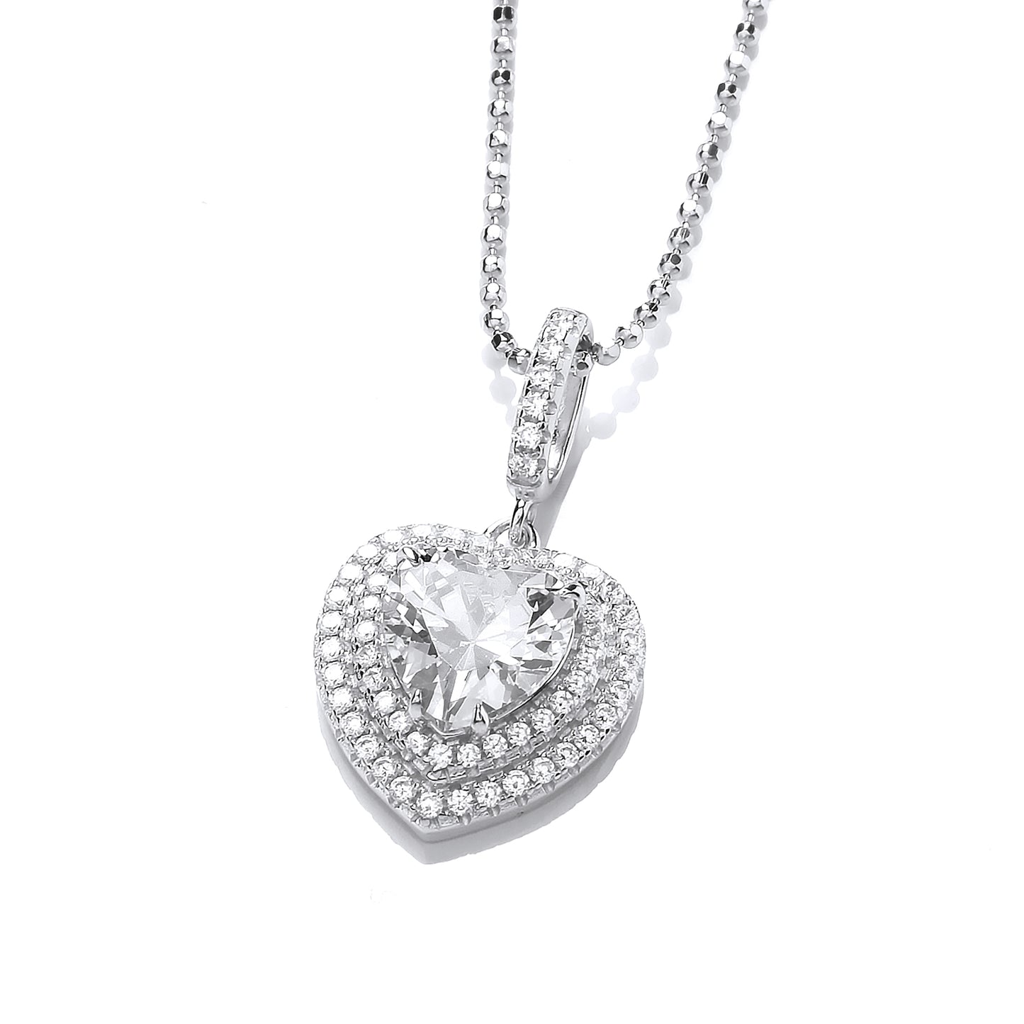 Silver  Tiered Halo Love Heart Solitaire Pendant Necklace 16" + 2" - GVK446