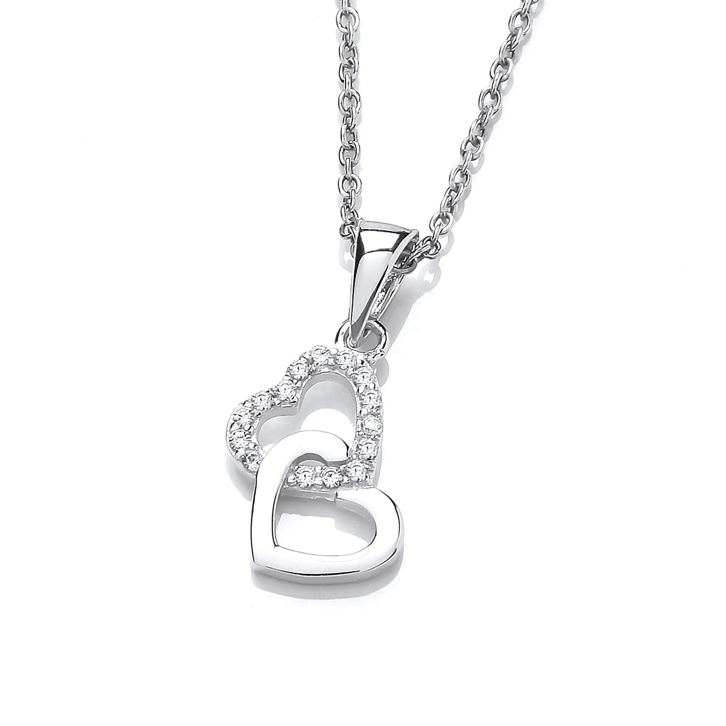 Silver  CZ Interlocked Double Love Hearts Pendant Necklace 17 inch - GVK448