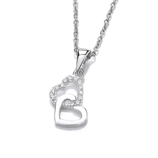 Silver  Interlocked Double Love Hearts Pendant Necklace - GVK448