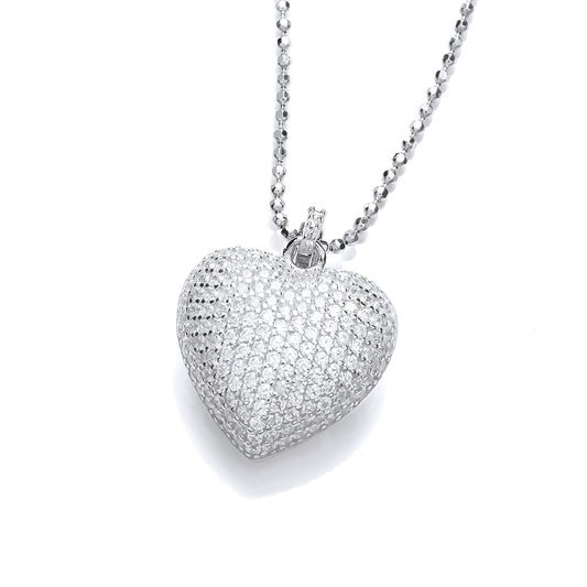 Silver  3D Pave Encrusted Love Heart Pillow Pendant Necklace - GVK449