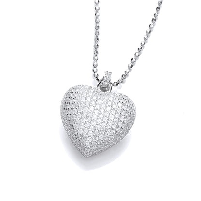 Silver  CZ 3D Pave Encrusted Heart Pillow Pendant Necklace 17" - GVK449