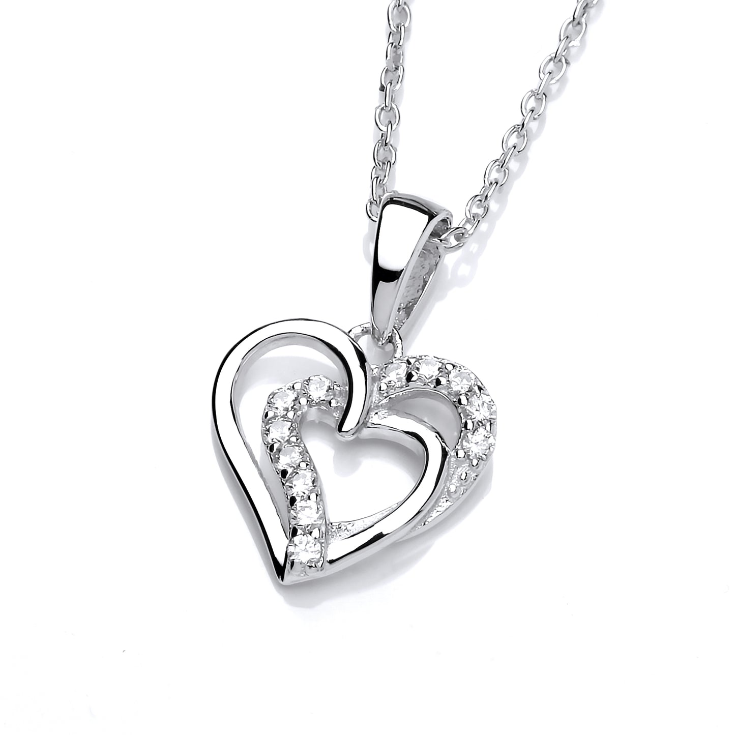 Silver  CZ Entangled Overlapping Love Hearts Pendant Necklace 17" - GVK450