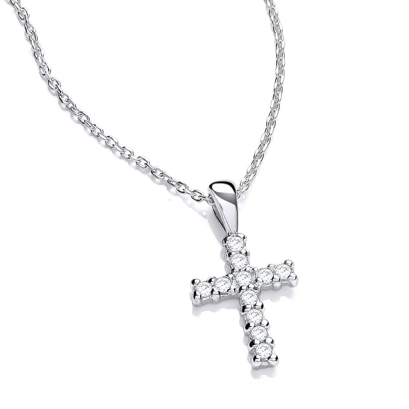 Silver  Eleven Stone Dainty Cross Pendant Necklace - GVK455