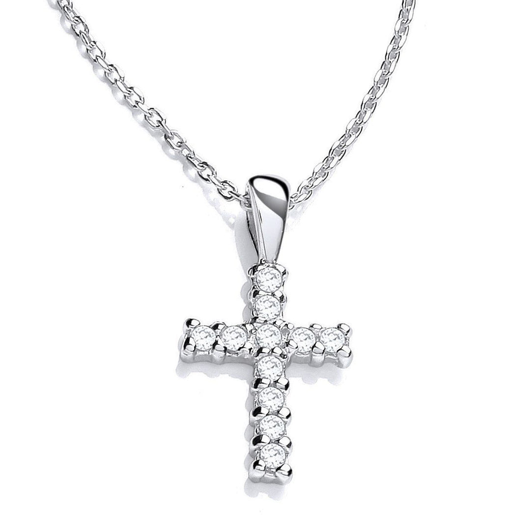925 Silver  CZ Eleven Stone Dainty Cross Pendant Necklace 17 inch - GVK455