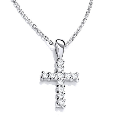 925 Silver  CZ Eleven Stone Dainty Cross Pendant Necklace 17 inch - GVK455