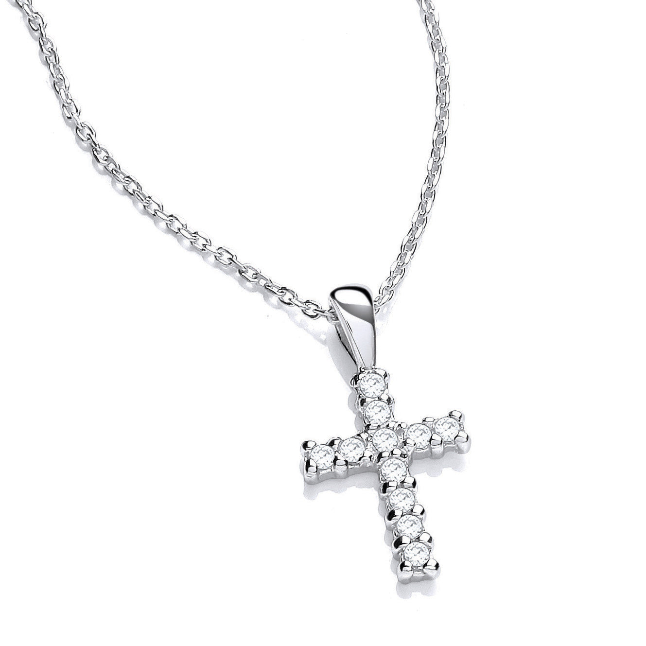 925 Silver  CZ Eleven Stone Dainty Cross Pendant Necklace 17 inch - GVK455