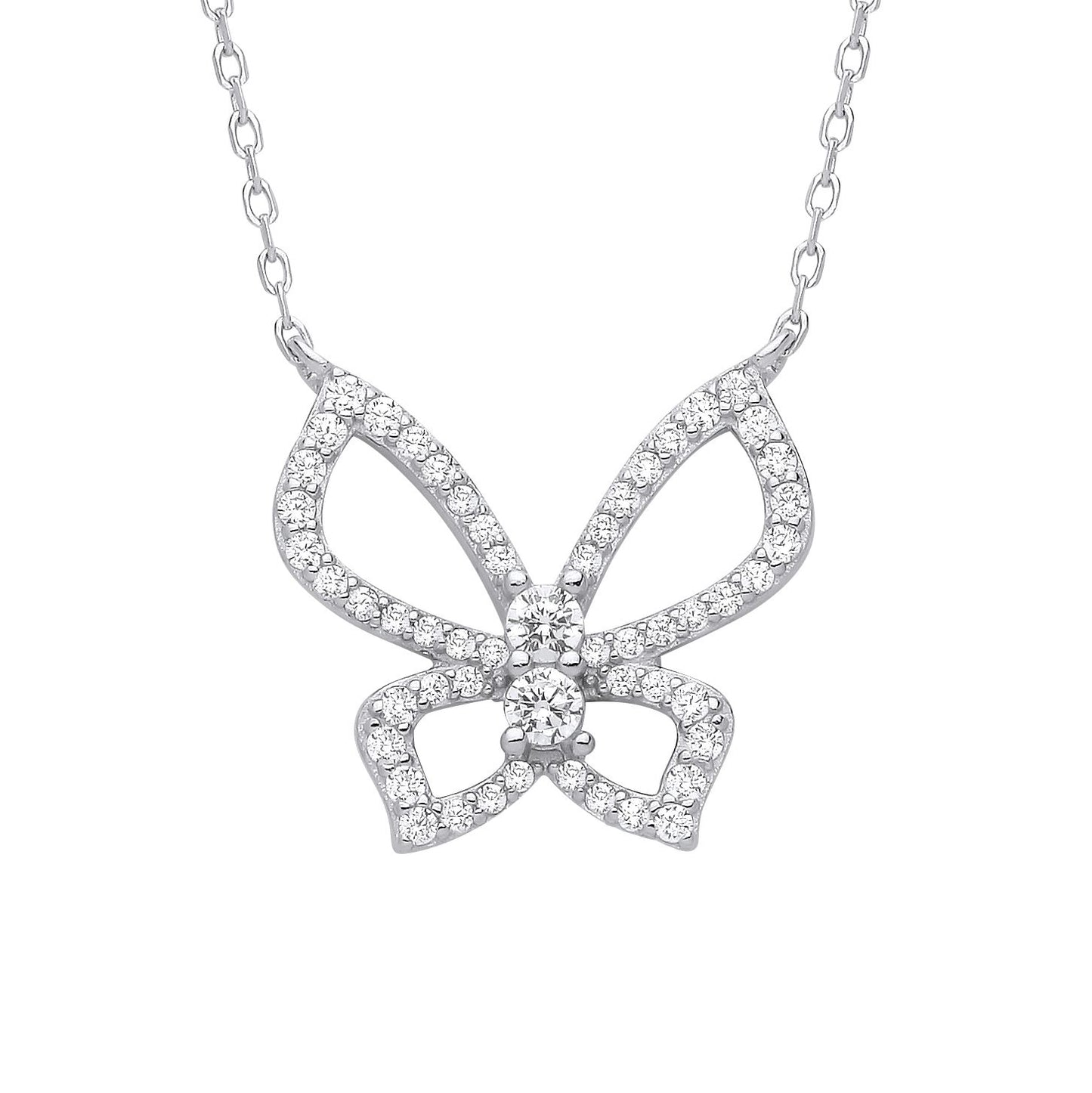 Silver  CZ Art Deco Butterfly Outline Bow Lavalier Necklace 18" - GVK458