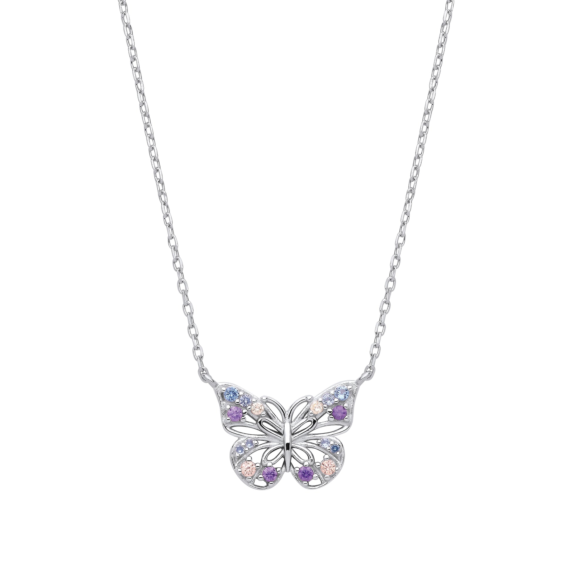 Silver  Purple Lilac Peach CZ Pastel Butterfly Necklace 18" - GVK459