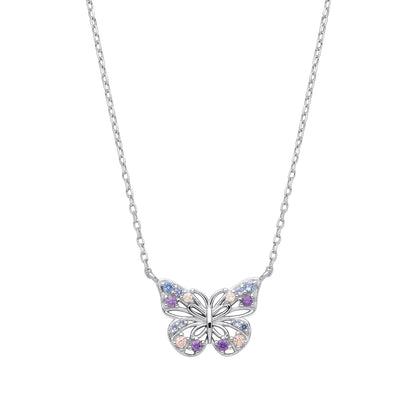 Silver  Purple Lilac Peach CZ Pastel Butterfly Necklace 18" - GVK459