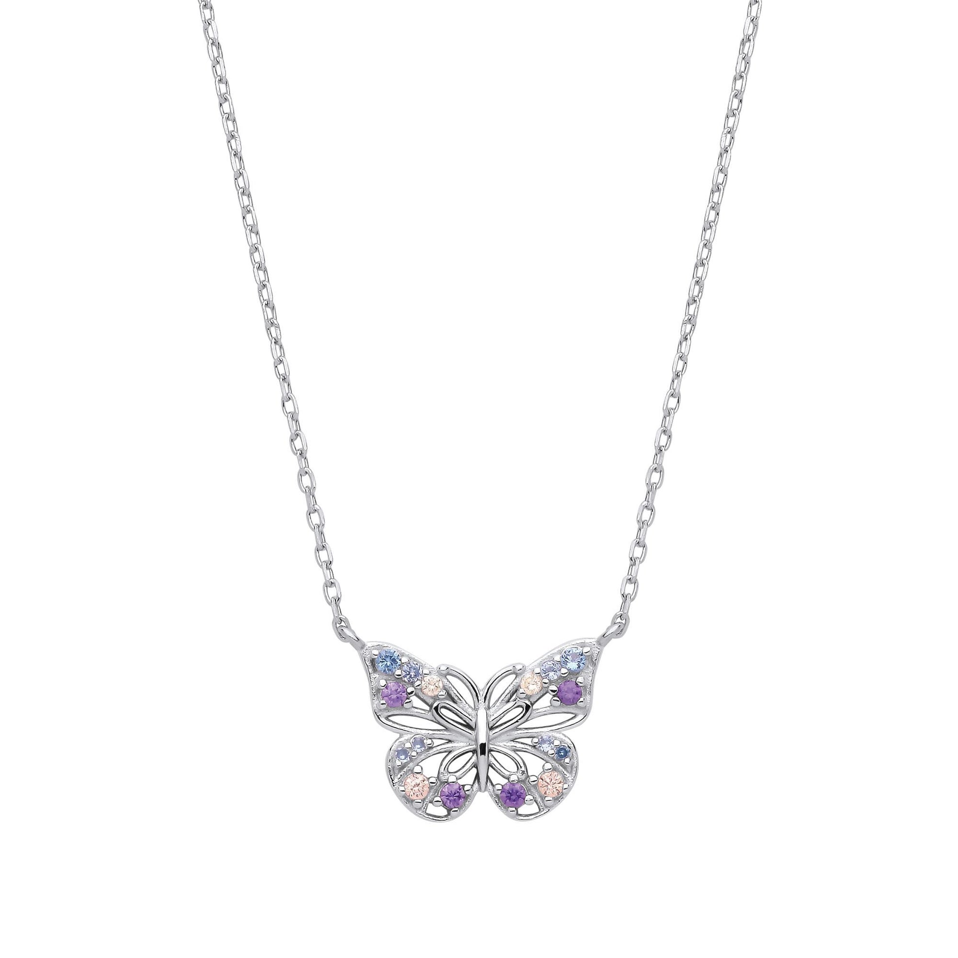Silver  Purple Lilac Peach CZ Pastel Butterfly Necklace 18" - GVK459