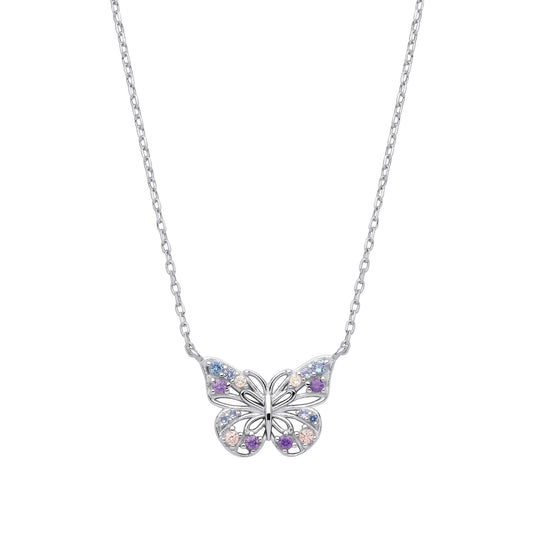 Silver  Purple Lilac Peach CZ Pastel Butterfly Necklace 18" - GVK459