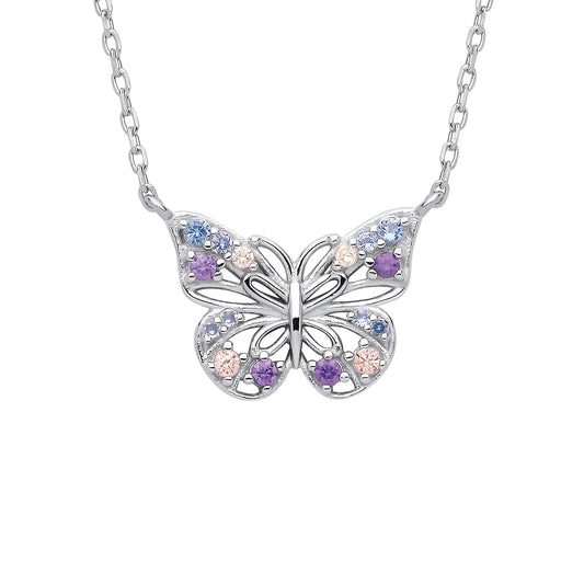 Silver  Vibrant Pastel Butterfly Lavalier Necklace 16" + 2" - GVK459